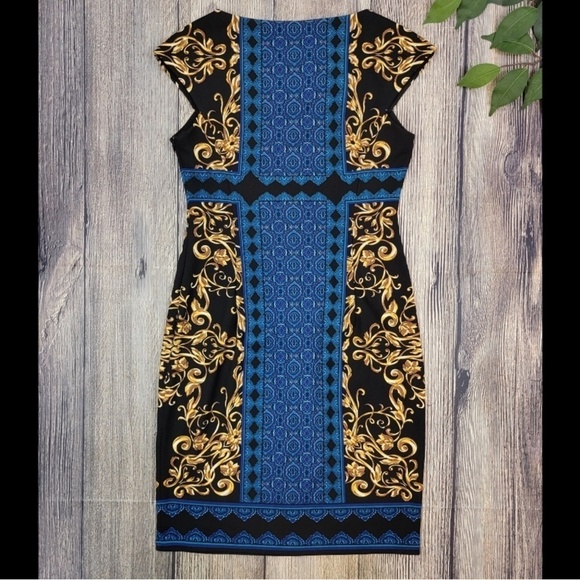Maggie London Mini dress Paisly Scarf print Stretch Blue Gold Black Sz 6 Petite - Picture 2 of 15